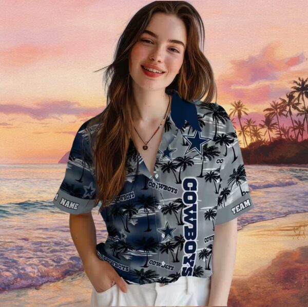 Customized Dallas Cowboys Palm Silhouettes Blue Hawaiian Shirt - Image 4