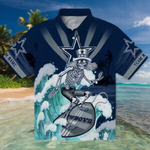 Customized Dallas Cowboys Surfing Skeleton Blue Hawaiian Shirt