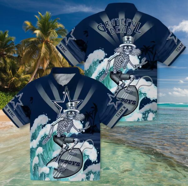 Customized Dallas Cowboys Surfing Skeleton Blue Hawaiian Shirt - Image 3