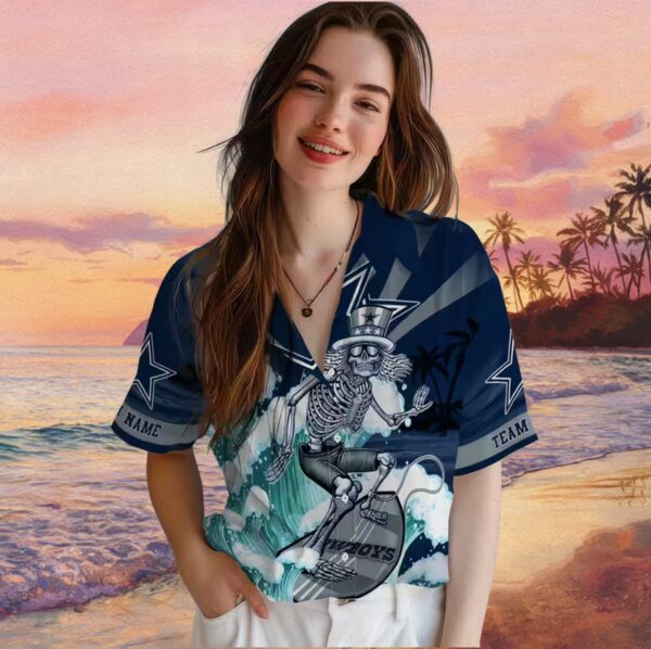 Customized Dallas Cowboys Surfing Skeleton Blue Hawaiian Shirt - Image 4