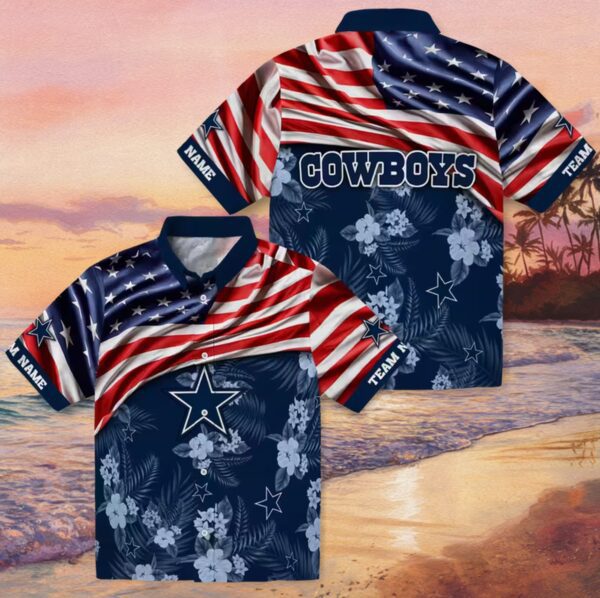 Customized Dallas Cowboys US Flag Hibiscus Blue Hawaiian Shirt - Image 3