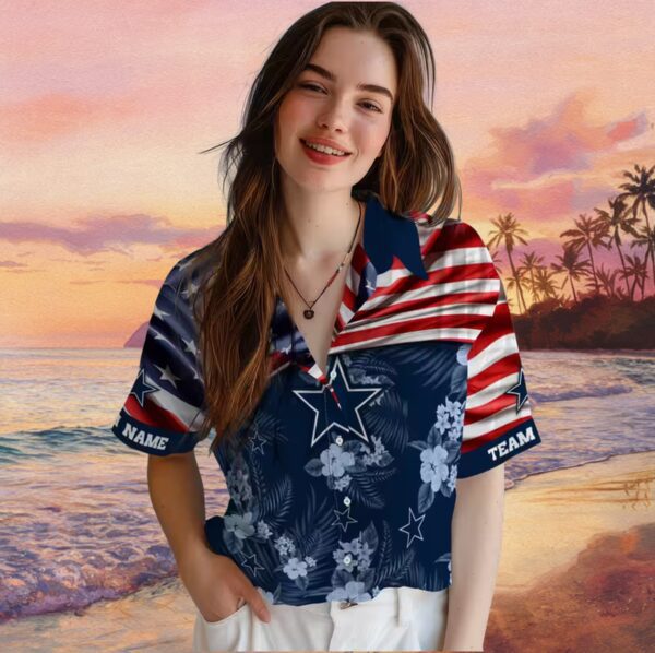Customized Dallas Cowboys US Flag Hibiscus Blue Hawaiian Shirt - Image 4