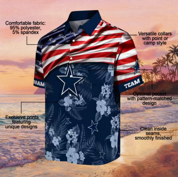 Customized Dallas Cowboys US Flag Hibiscus Blue Hawaiian Shirt - Image 5