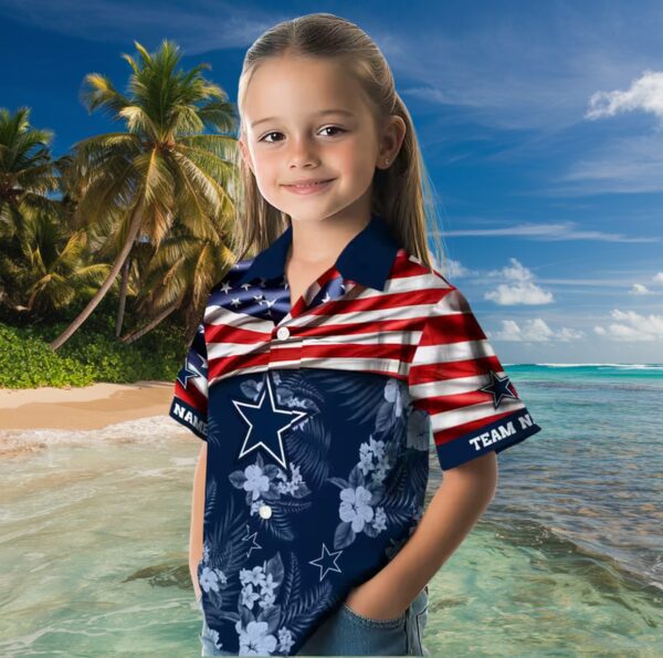 Customized Dallas Cowboys US Flag Hibiscus Blue Hawaiian Shirt - Image 6