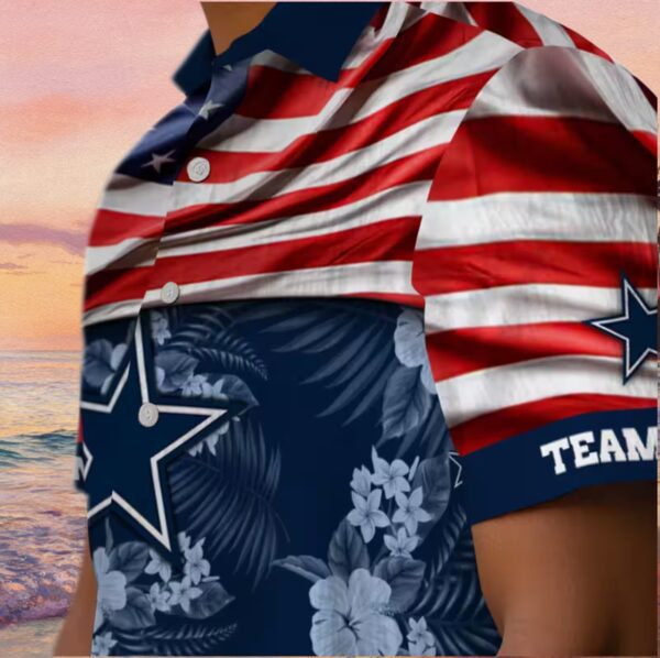 Customized Dallas Cowboys US Flag Hibiscus Blue Hawaiian Shirt - Image 8