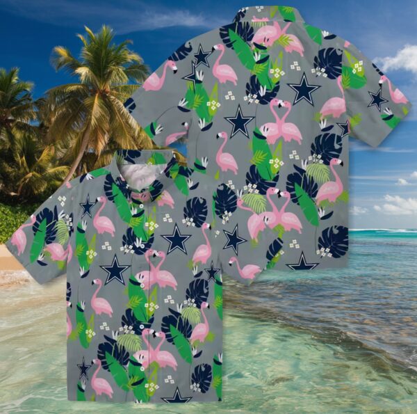Dallas Cowboys Flamingo Foliage Blue Green Hawaiian Shirt - Image 3