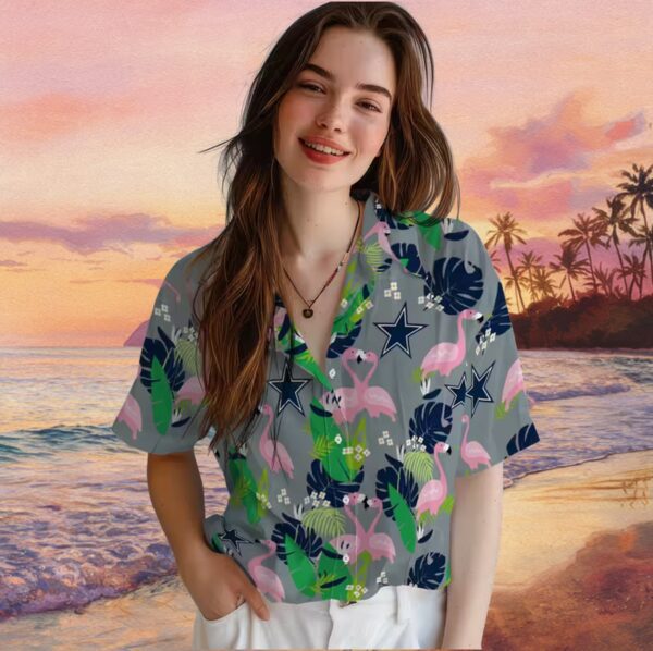 Dallas Cowboys Flamingo Foliage Blue Green Hawaiian Shirt - Image 4
