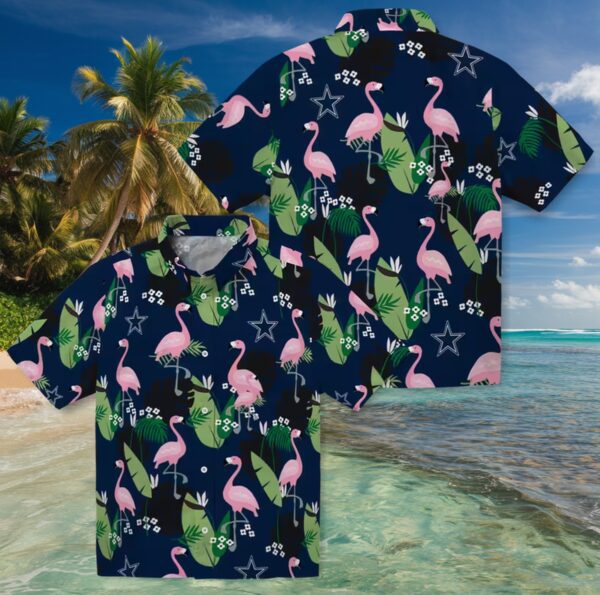 Dallas Cowboys Flamingo Leaf Motif Blue Hawaiian Shirt - Image 3