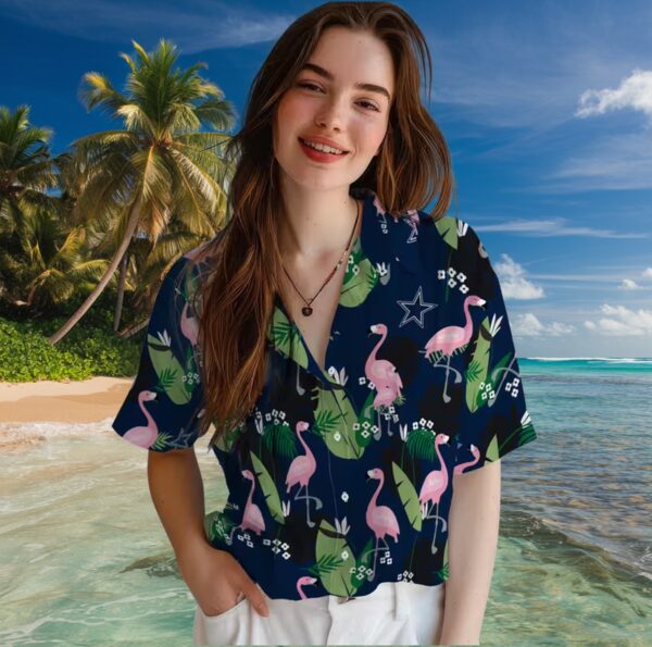 Dallas Cowboys Flamingo Leaf Motif Blue Hawaiian Shirt - Image 4