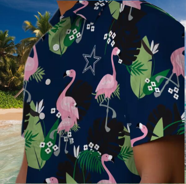 Dallas Cowboys Flamingo Leaf Motif Blue Hawaiian Shirt - Image 8