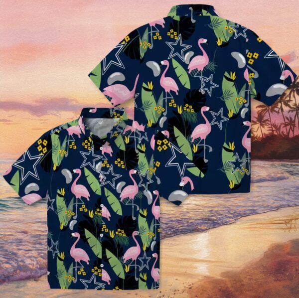 Dallas Cowboys Flamingo Leaves Blue Hawaiian Shirt - Image 3
