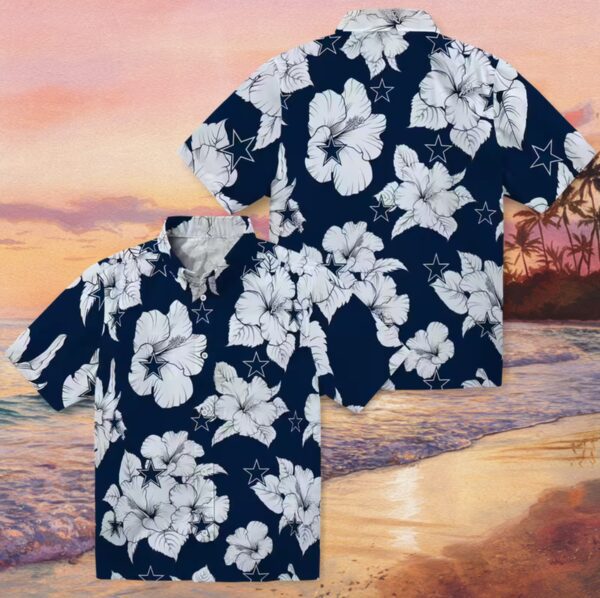 Dallas Cowboys Hibiscus Blooms Blue White Hawaiian Shirt - Image 3