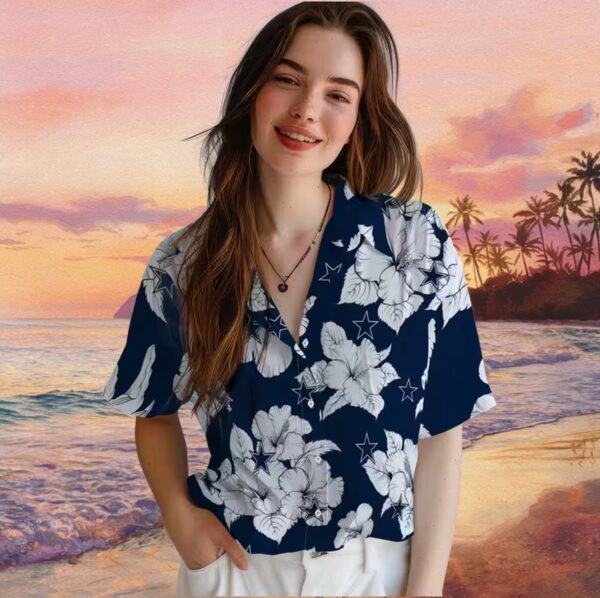 Dallas Cowboys Hibiscus Blooms Blue White Hawaiian Shirt - Image 4