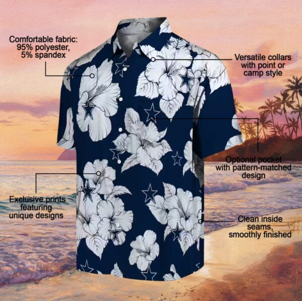 Dallas Cowboys Hibiscus Blooms Blue White Hawaiian Shirt - Image 5