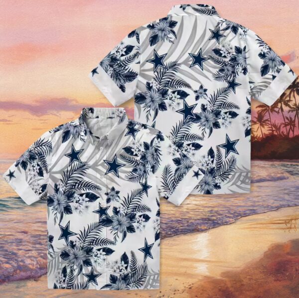 Dallas Cowboys Hibiscus Palm Leaves Blue White Hawaiian Shirt - Image 3