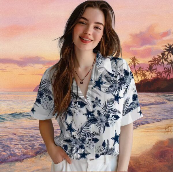 Dallas Cowboys Hibiscus Palm Leaves Blue White Hawaiian Shirt - Image 4