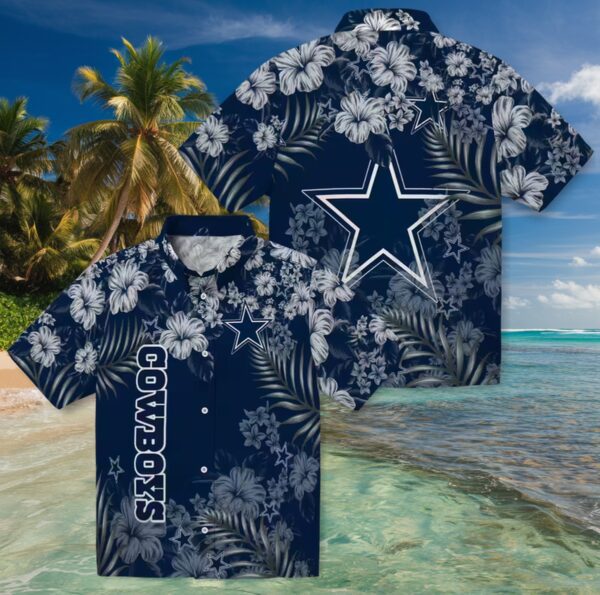 Dallas Cowboys Hibiscus Print Blue Hawaiian Shirt - Image 3