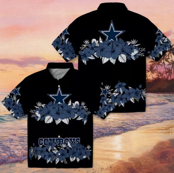 Dallas Cowboys Hibiscus Stripe Blue Black Hawaiian Shirt - Image 3