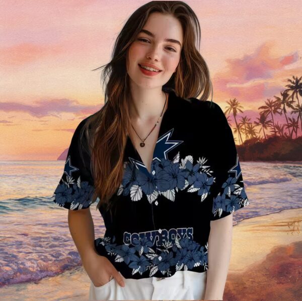 Dallas Cowboys Hibiscus Stripe Blue Black Hawaiian Shirt - Image 4