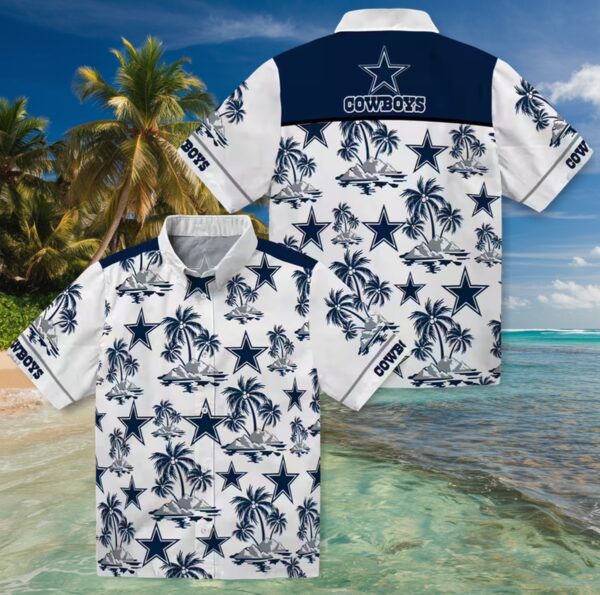 Dallas Cowboys Palm Island Print Blue White Hawaiian Shirt - Image 3