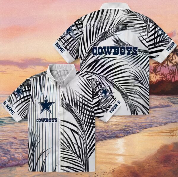 Dallas Cowboys Palm Stripes Blue Black White Hawaiian Shirt - Image 3