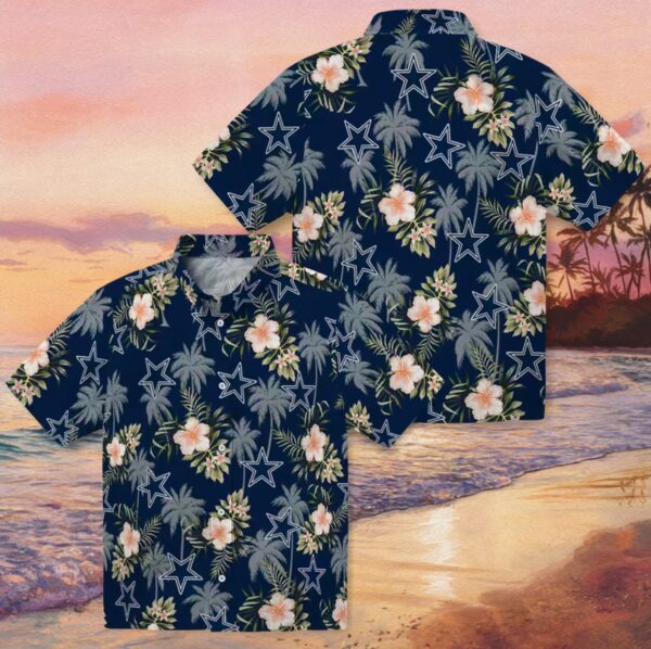 Dallas Cowboys Palm Tree Flower Blue Hawaiian Shirt - Image 3