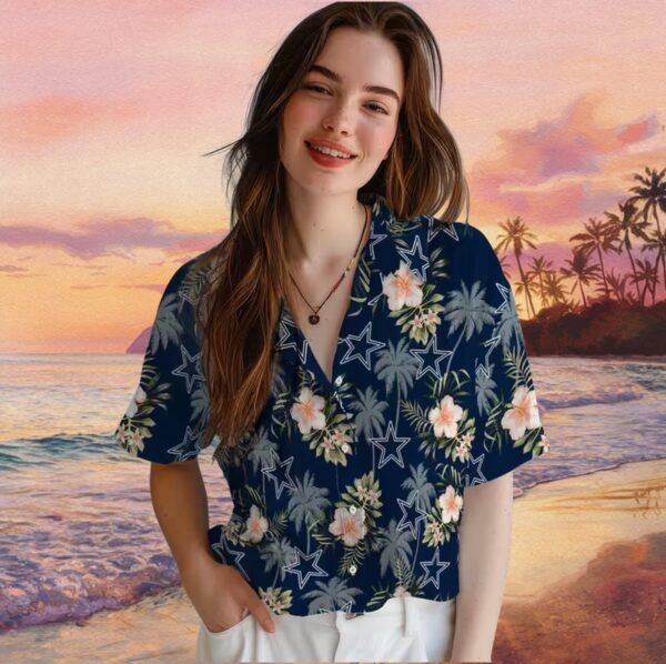 Dallas Cowboys Palm Tree Flower Blue Hawaiian Shirt - Image 4