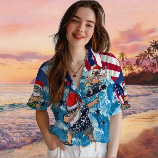 Dallas Cowboys Surfing Santa Blue Hawaiian Shirt - Image 4