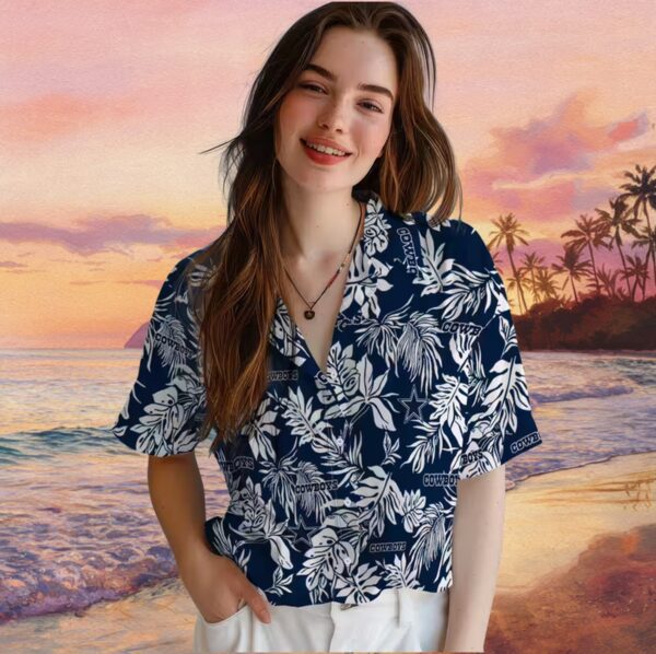 Dallas Cowboys Tropical Leaf Blue White Hawaiian Shirt - Image 4