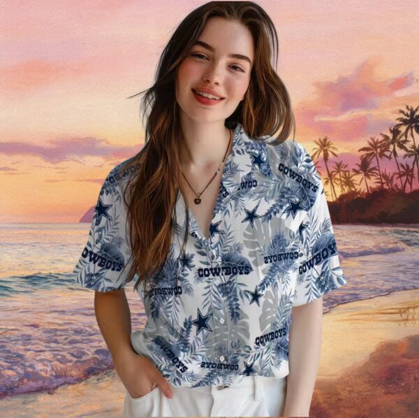 Dallas Cowboys Tropical Leaves Blue White Hawaiian Shirt - Image 4