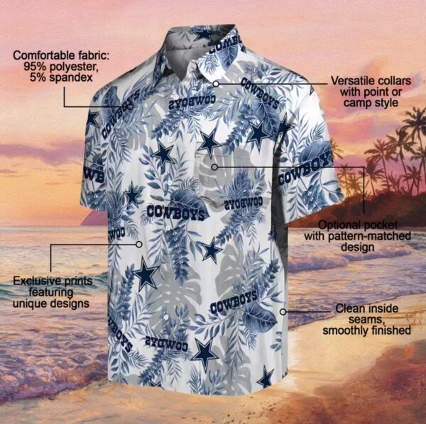 Dallas Cowboys Tropical Leaves Blue White Hawaiian Shirt - Image 5