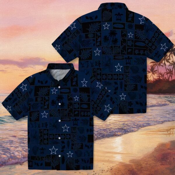Dallas Cowboys Tropical Patchwork Blue Black Hawaiian Shirt - Image 3