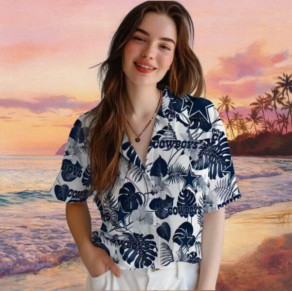Dallas Cowboys Tropical Plants Blue White Hawaiian Shirt - Image 4